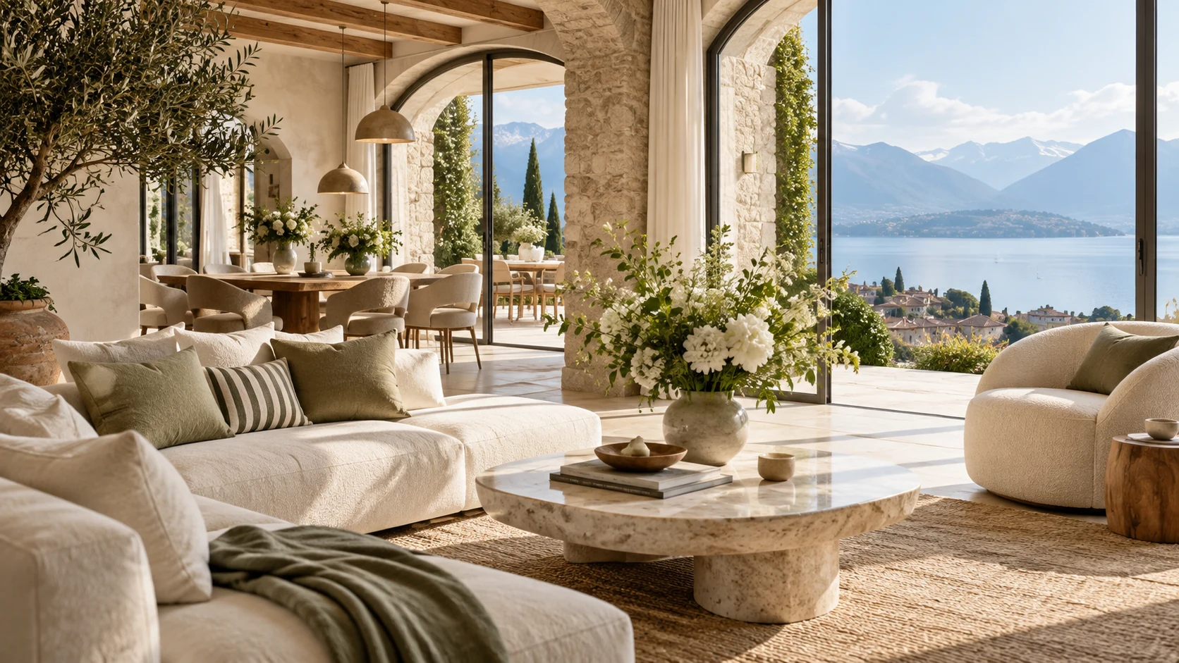 Salón luminoso con materiales naturales y vistas al lago
